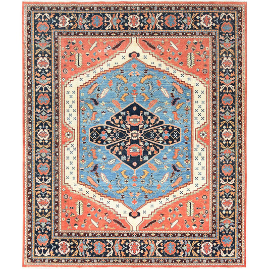 Heriz Wool Hand Knotted Rug Orange Navy Blue 8.0X9.6 -O082676