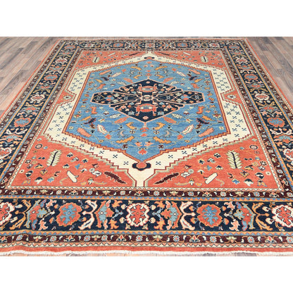 Heriz Wool Hand Knotted Rug Orange Navy Blue 8.0X9.6 -O082676