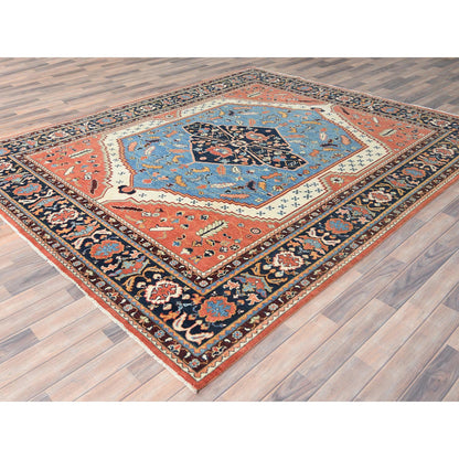 Heriz Wool Hand Knotted Rug Orange Navy Blue 8.0X9.6 -O082676