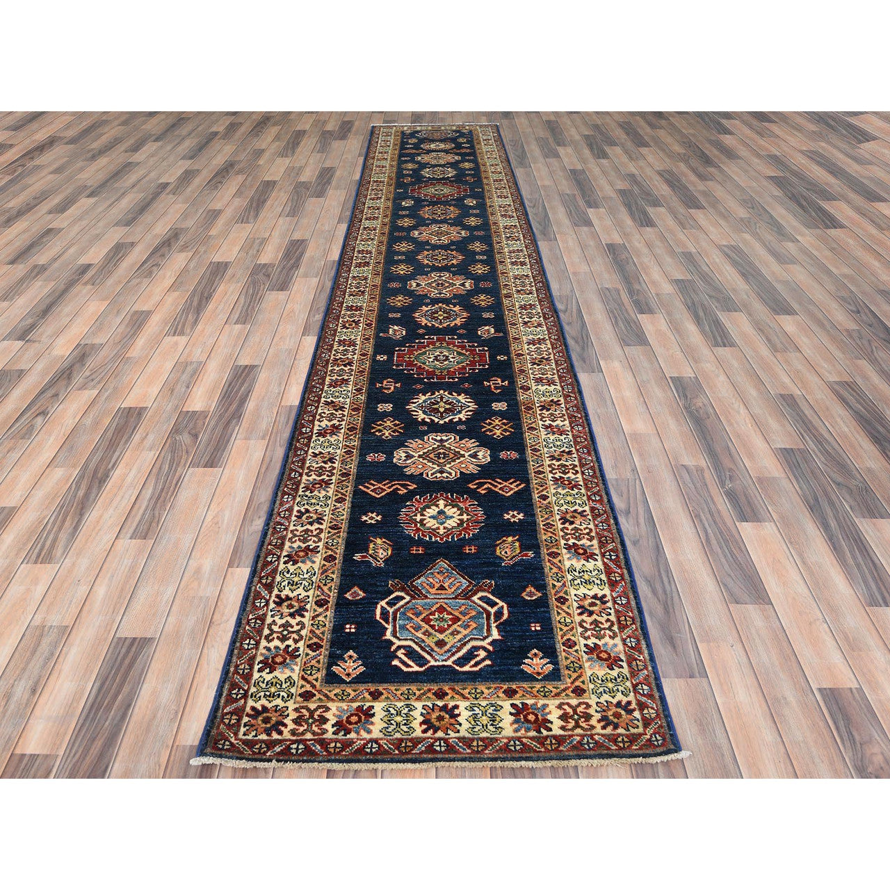Blue 2'10" x 13'2" Kazak Hand knotted Wool Rug - Sku: O082723