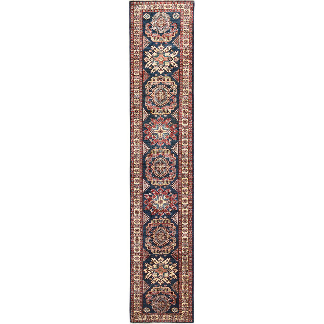 Blue 2'7" x 13'6" Kazak Hand knotted Wool Rug - Sku: O082725