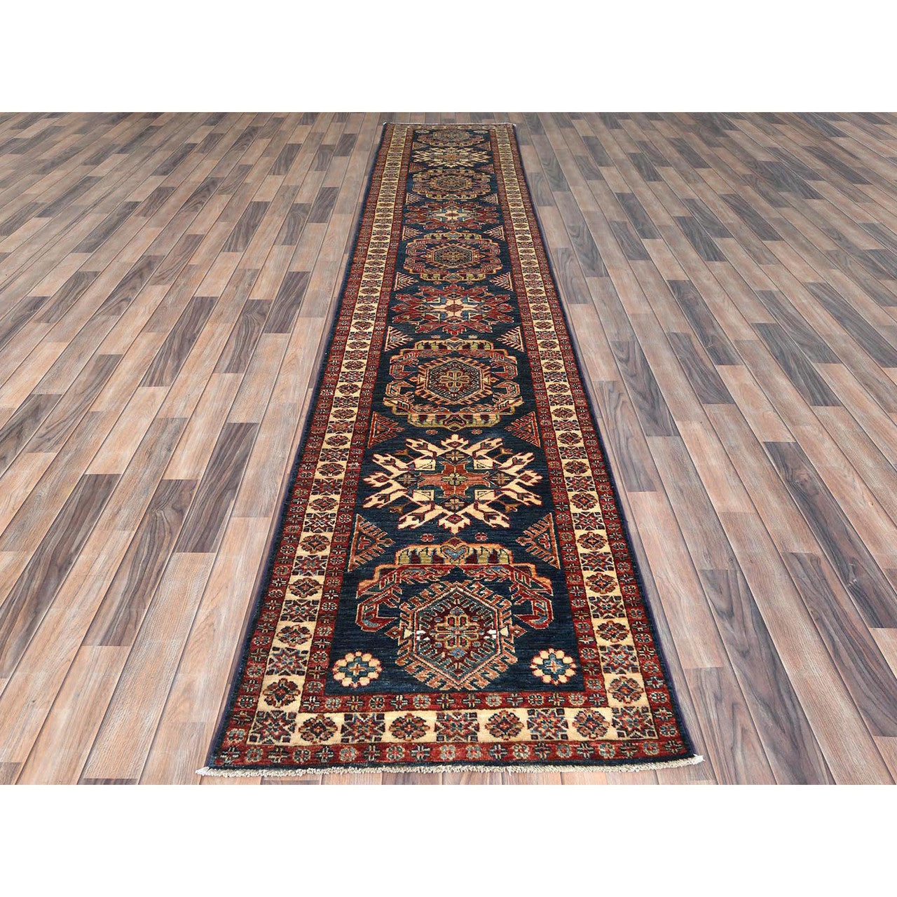 Blue 2'7" x 13'6" Kazak Hand knotted Wool Rug - Sku: O082725