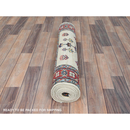 Kazak Wool Hand Knotted Rug Ivory Red 2.7X8.6 -O082733