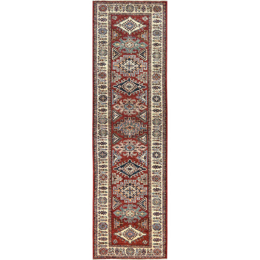 Kazak Wool Hand Knotted Rug Red Cream 2.8X9.6 -O082776