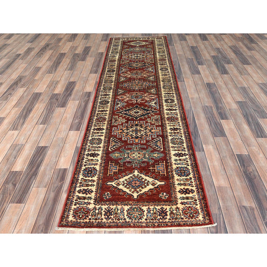 Kazak Wool Hand Knotted Rug Red Cream 2.8X9.6 -O082776