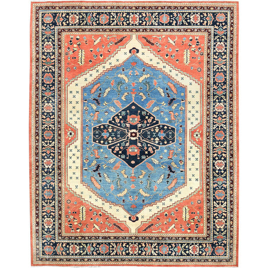 Heriz Wool Hand Knotted Rug Orange Navy Blue 9.0X11.3 -O082821