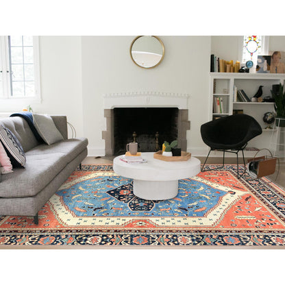 Heriz Wool Hand Knotted Rug Orange Navy Blue 9.0X11.3 -O082821