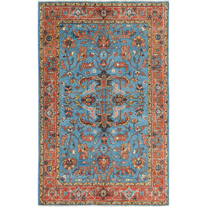 Heriz Wool Hand Knotted Rug Blue Red 4.0X5.10 -O082828