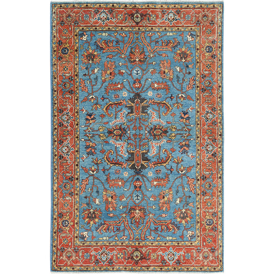 Heriz Wool Hand Knotted Rug Blue Red 4.0X5.10 -O082828