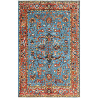 Heriz Wool Hand Knotted Rug Blue Red 4.0X5.10 -O082828