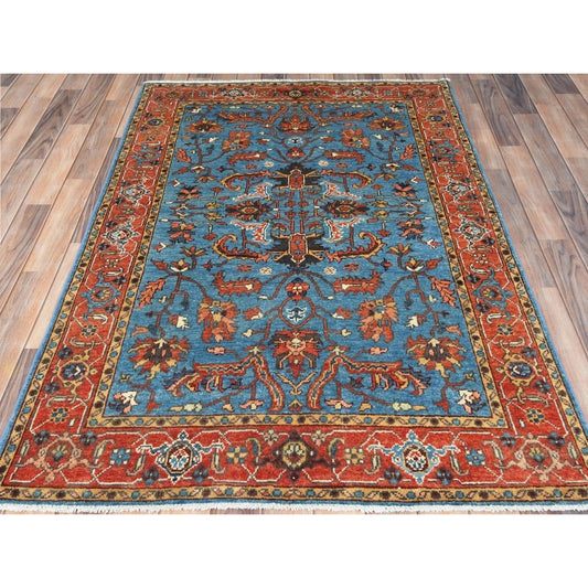 Heriz Wool Hand Knotted Rug Blue Red 4.0X5.10 -O082828