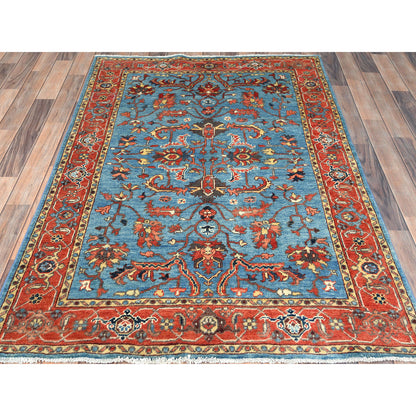 Heriz Wool Hand Knotted Rug Blue Red 4.0X5.9 -O082830