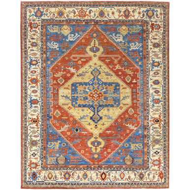 Tribal & Geometric Wool Hand Knotted Rug Blue Beige 9.0X11.9 -O082880