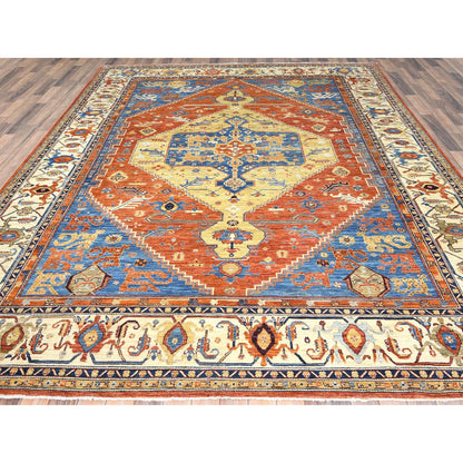 Tribal & Geometric Wool Hand Knotted Rug Blue Beige 9.0X11.9 -O082880