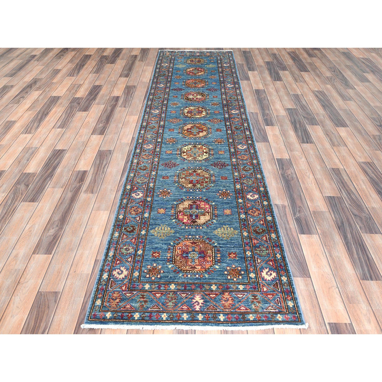 Blue 2'7" x 9'9" Kazak Hand knotted Wool Rug - Sku: O082893