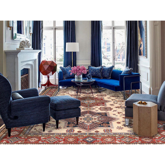 Kazak Wool Hand Knotted Rug Ivory Red 8.10X11.9 -O082899