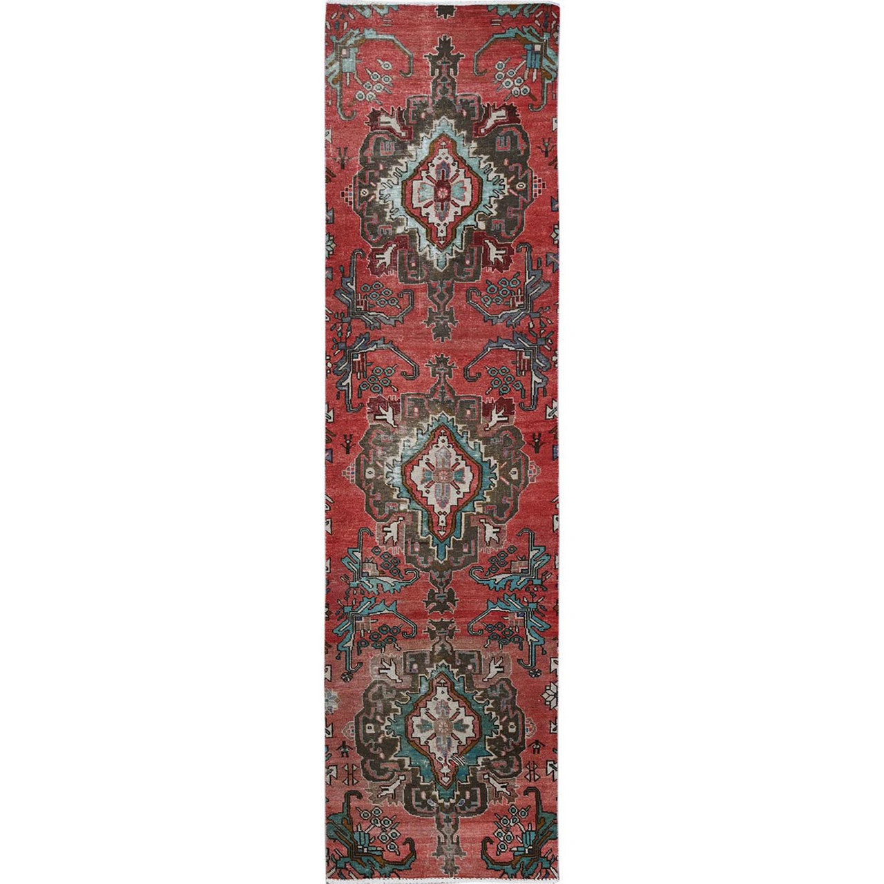Overdyed & Vintage Wool Hand Knotted Rug Red 2.5x9.6 -O0828