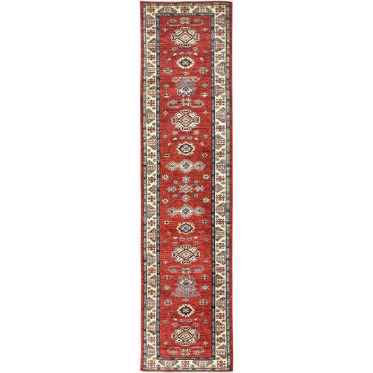 Kazak Wool Hand Knotted Rug Red Cream 2.9X11.6 -O082901