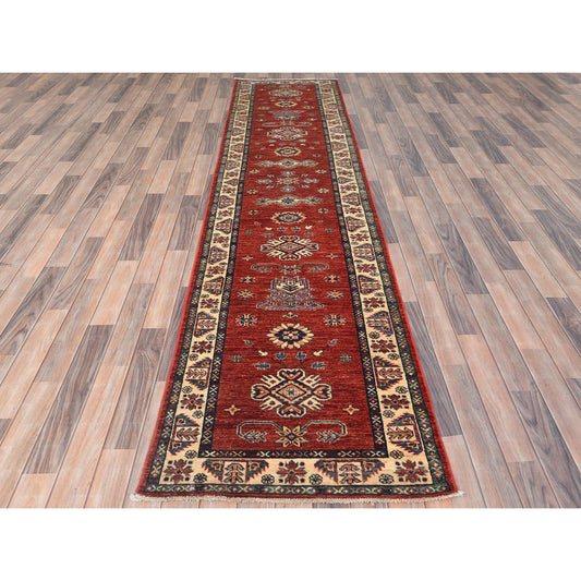 Kazak Wool Hand Knotted Rug Red Cream 2.9X11.6 -O082901