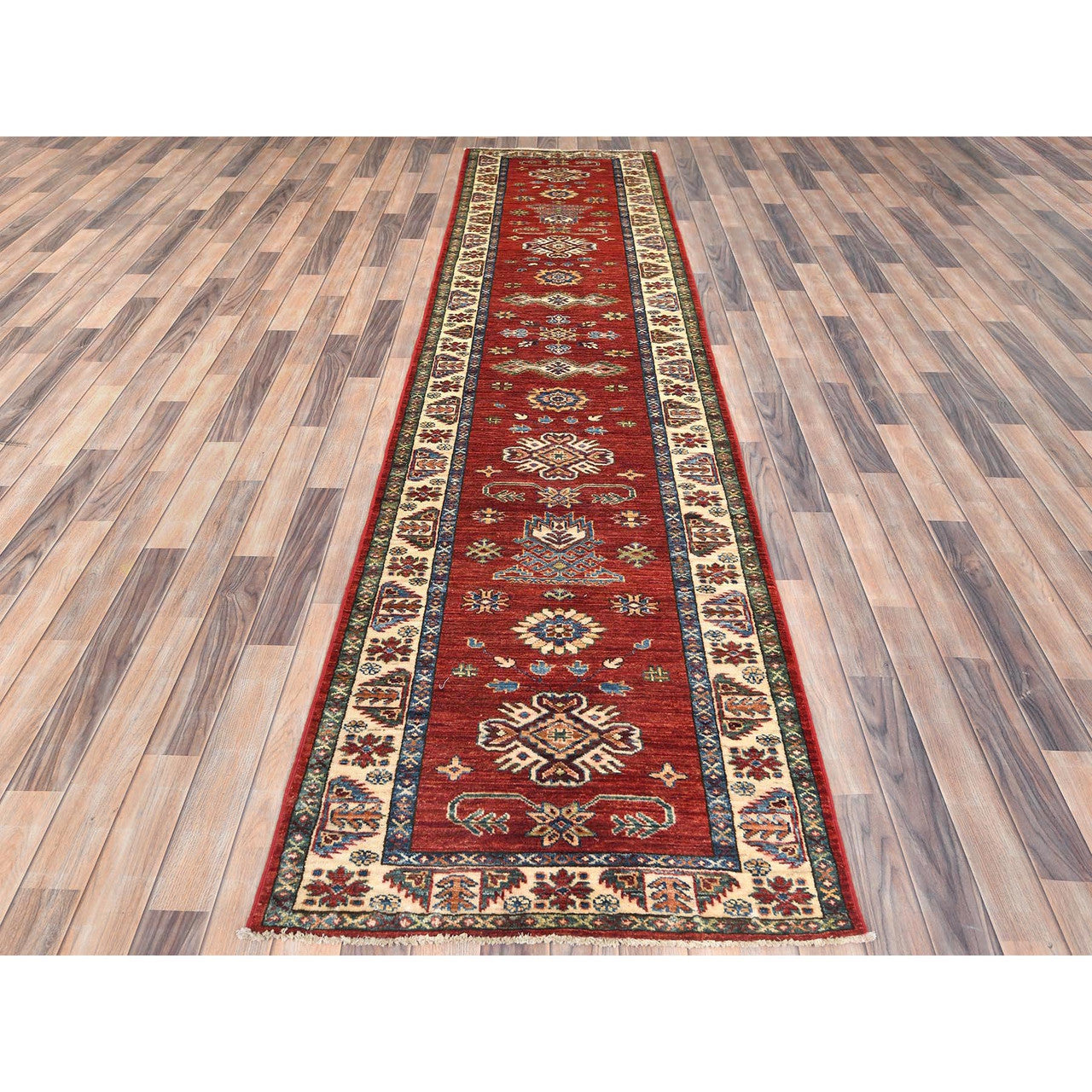 Red 2'10" x 11'7" Kazak Hand knotted Wool Rug - Sku: O082905