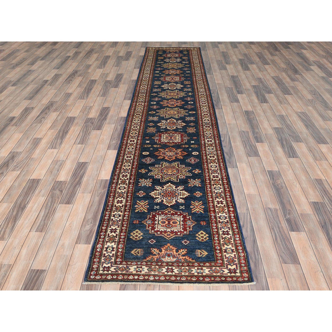Blue 2'10" x 13'8" Kazak Hand knotted Wool Rug - Sku: O082912