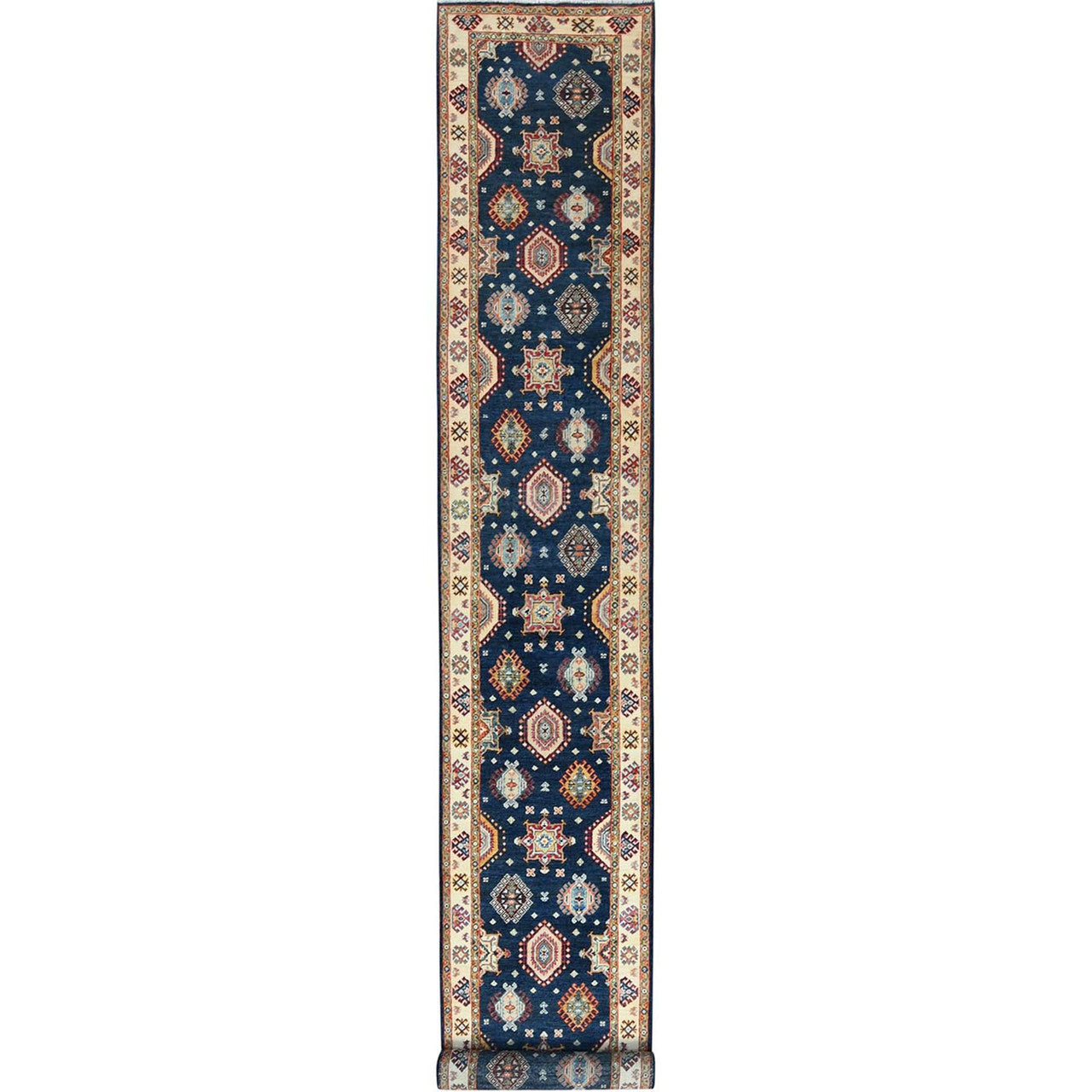 Blue 3'0" x 18'6" Kazak Hand knotted Wool Rug - Sku: O082946