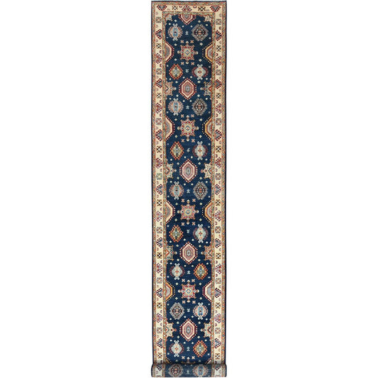 Kazak Wool Hand Knotted Rug Blue Cream 3.0X18.6 -O082946