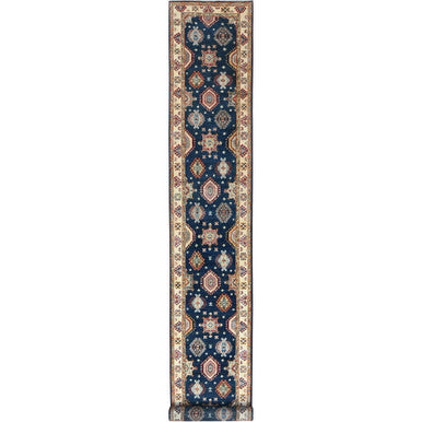 Kazak Wool Hand Knotted Rug Blue Cream 3.0X18.6 -O082946