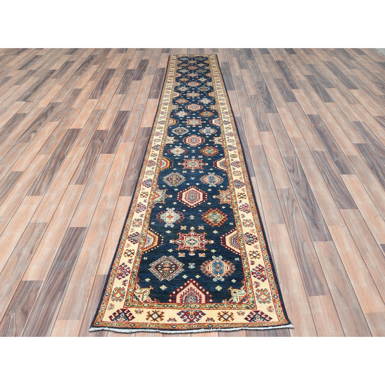 Blue 3'0" x 18'6" Kazak Hand knotted Wool Rug - Sku: O082946