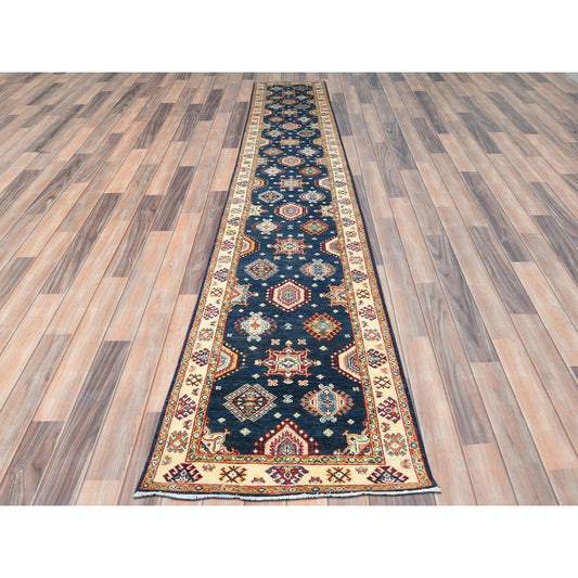 Kazak Wool Hand Knotted Rug Blue Cream 3.0X18.6 -O082946
