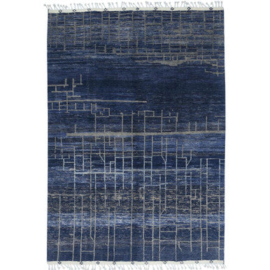 Tribal & Geometric Wool Hand Knotted Rug Blue No Border 9.0X12.5 -O082965