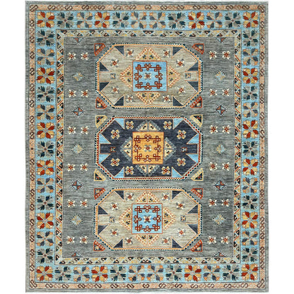 Tribal & Geometric Wool Hand Knotted Rug Grey Light Blue 8.3X9.9 -O0830000
