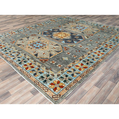 Tribal & Geometric Wool Hand Knotted Rug Grey Light Blue 8.3X9.9 -O0830000