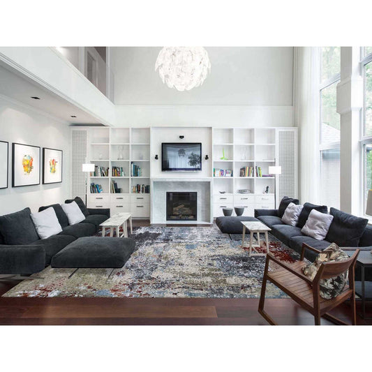 Modern and Contemporary Wool Hand Knotted Rug Blue No Border 12.0X15.2 -O083036