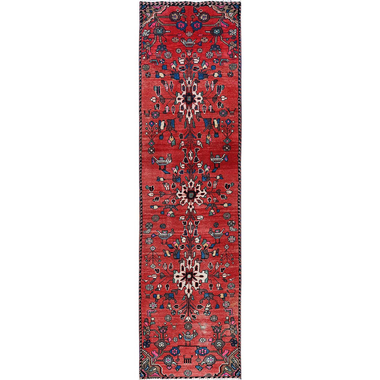 Overdyed & Vintage Wool Hand Knotted Rug Red 2.3x9.6 -O0830