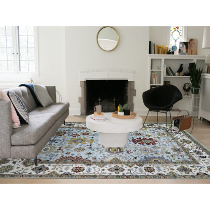 Tribal & Geometric Wool Hand Knotted Rug Blue Ivory 9.0X12.5 -O083107