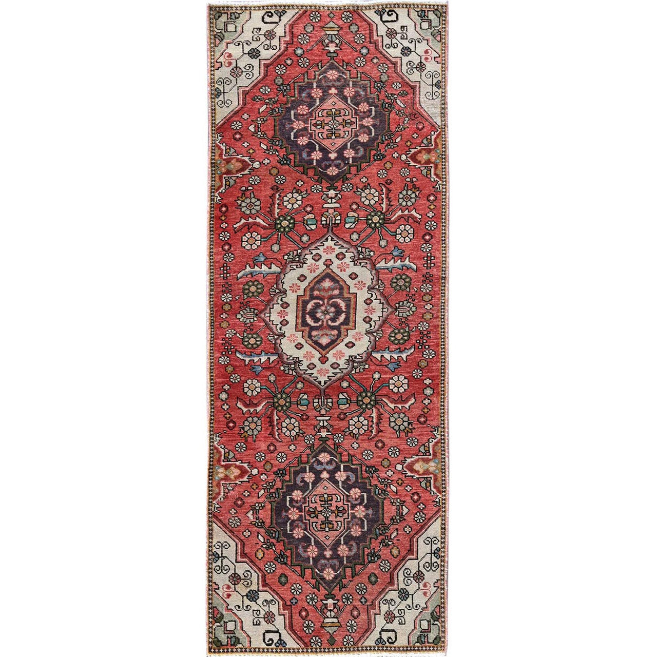 Overdyed & Vintage Wool Hand Knotted Rug Red 2.5x7.6 -O0834