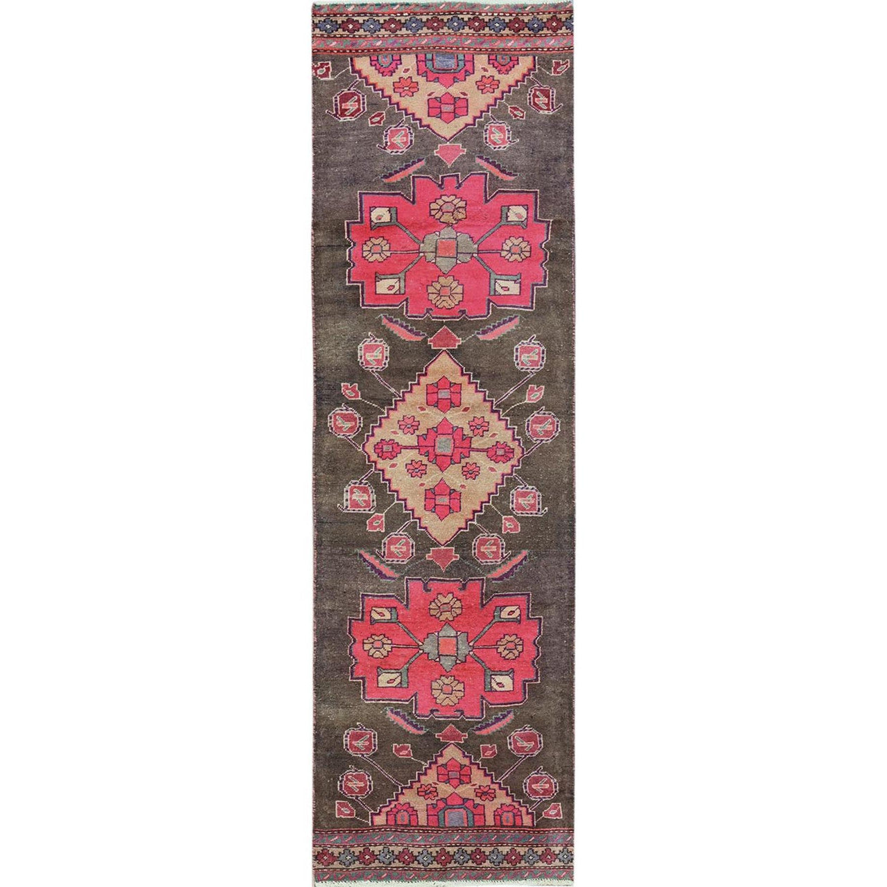 Overdyed & Vintage Wool Hand Knotted Rug Brown 2.6x8.11 -O0835