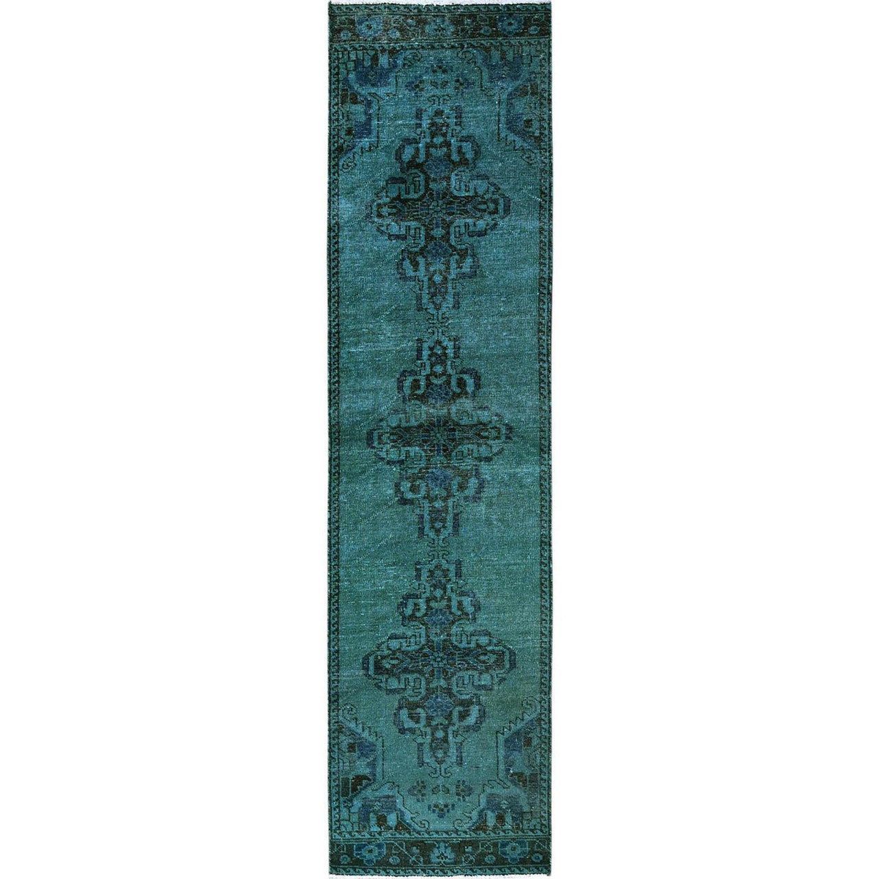 Overdyed & Vintage Wool Hand Knotted Rug Green 2.5x9.6 -O0836