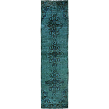 Overdyed & Vintage Wool Hand Knotted Rug Green 2.5x9.6 -O0836