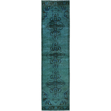 Overdyed & Vintage Wool Hand Knotted Rug Green 2.5x9.6 -O0836