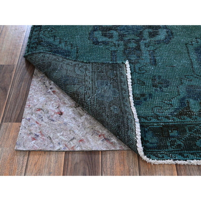 Overdyed & Vintage Wool Hand Knotted Rug Green 2.5x9.6 -O0836
