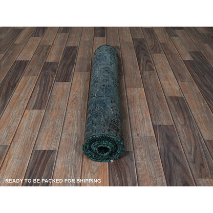 Overdyed & Vintage Wool Hand Knotted Rug Green 2.5x9.6 -O0836