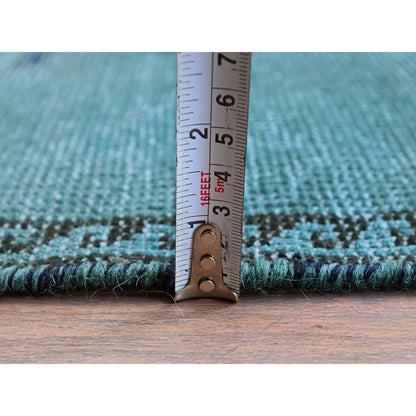 Overdyed & Vintage Wool Hand Knotted Rug Green 2.5x9.6 -O0836