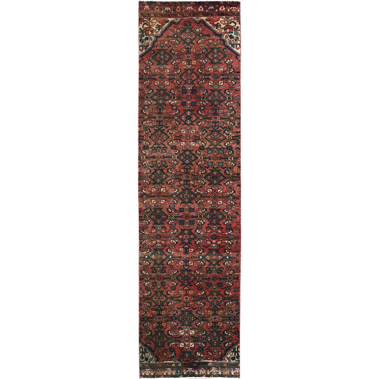 Overdyed & Vintage Wool Hand Knotted Rug Red 2.5x9.4 -O0837