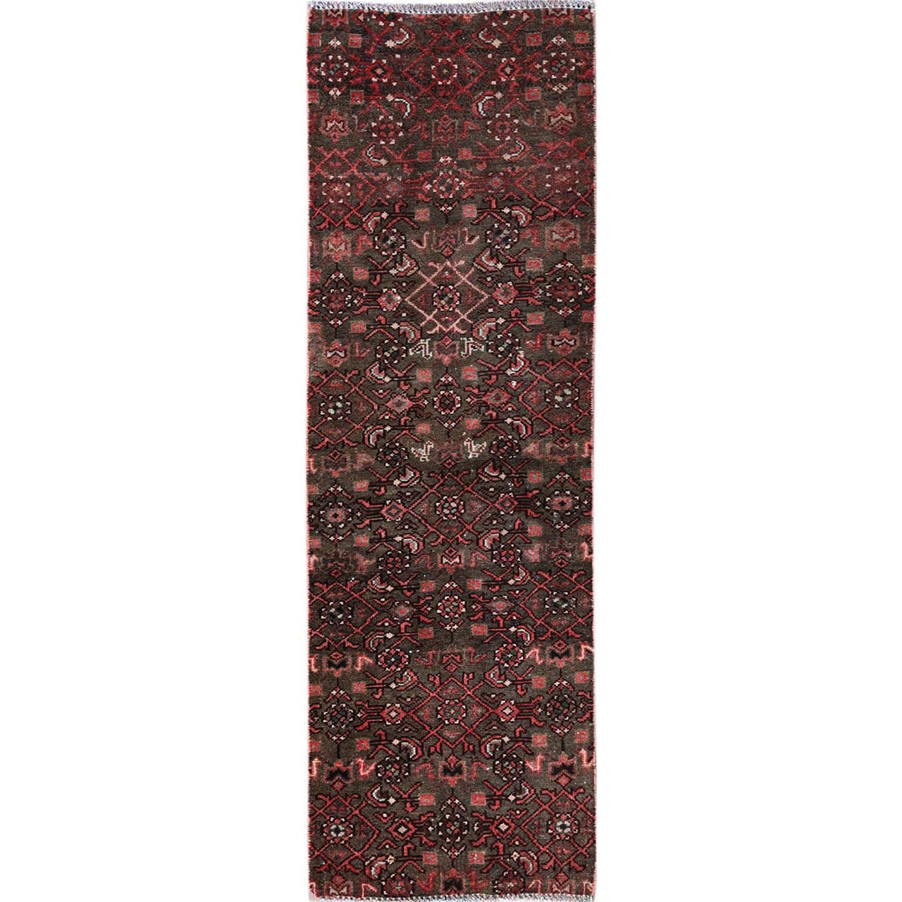 Overdyed & Vintage Wool Hand Knotted Rug Brown 1.11x5.8 -O0838