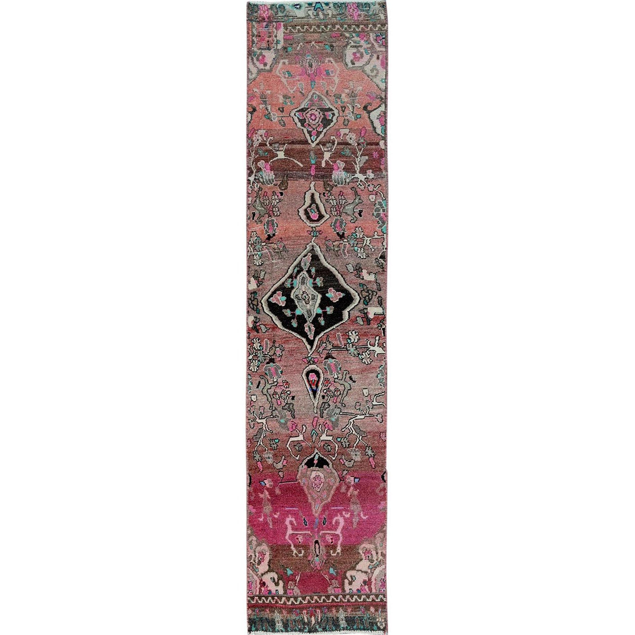 Overdyed & Vintage Wool Hand Knotted Rug Red 2.0x9.7 -O0839