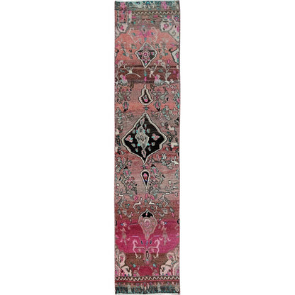 Overdyed & Vintage Wool Hand Knotted Rug Red 2.0x9.7 -O0839