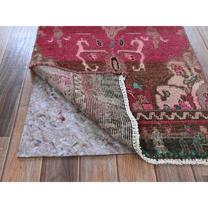 Overdyed & Vintage Wool Hand Knotted Rug Red 2.0x9.7 -O0839