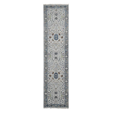 Oushak And Peshawar Wool Hand Knotted Rug Grey Silver Blue 2.7X11.9 -O084017